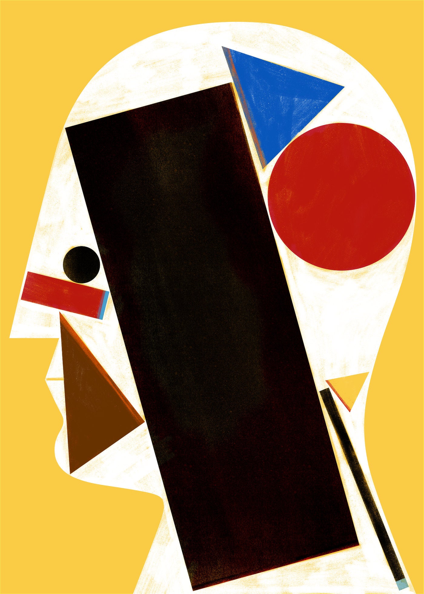 głowa z elementami geometrycznymi wewnątrz, w stylu graficznym Bauhaus