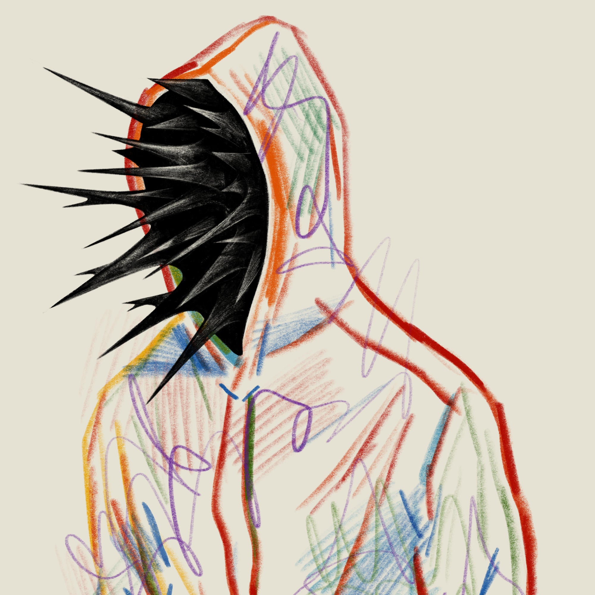 młody człowiek z dziobami zamiast twarzy, które symbolizują emocję wieku dojrzewania, w bluzie z kapturem