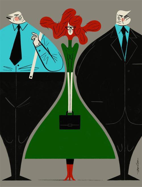 Kobieta w zielonej sukience stoi pomiędzy dwoma mężczyznami