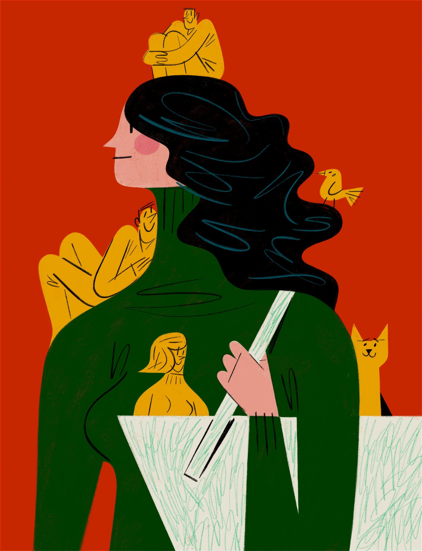 Kobieta otoczona bliskimi, którzy towarzyszą jej w myślach lub wspomnieniach