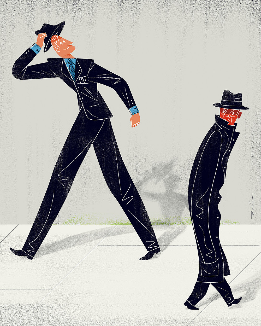 uśmiechnięty mężczyzna pozdrawia drugiego mężczyznę unosząc kapelusz