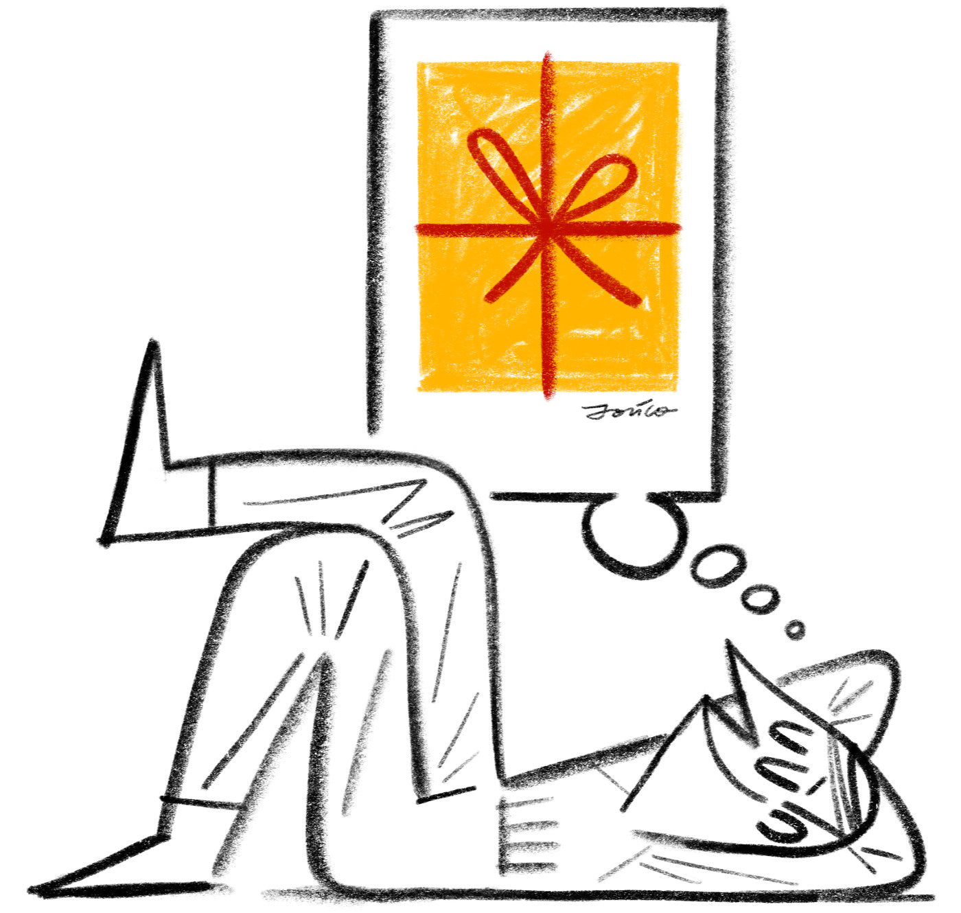 leżąca postać w stylu kreskówki, myśląca o prezencie w postaci plakatu