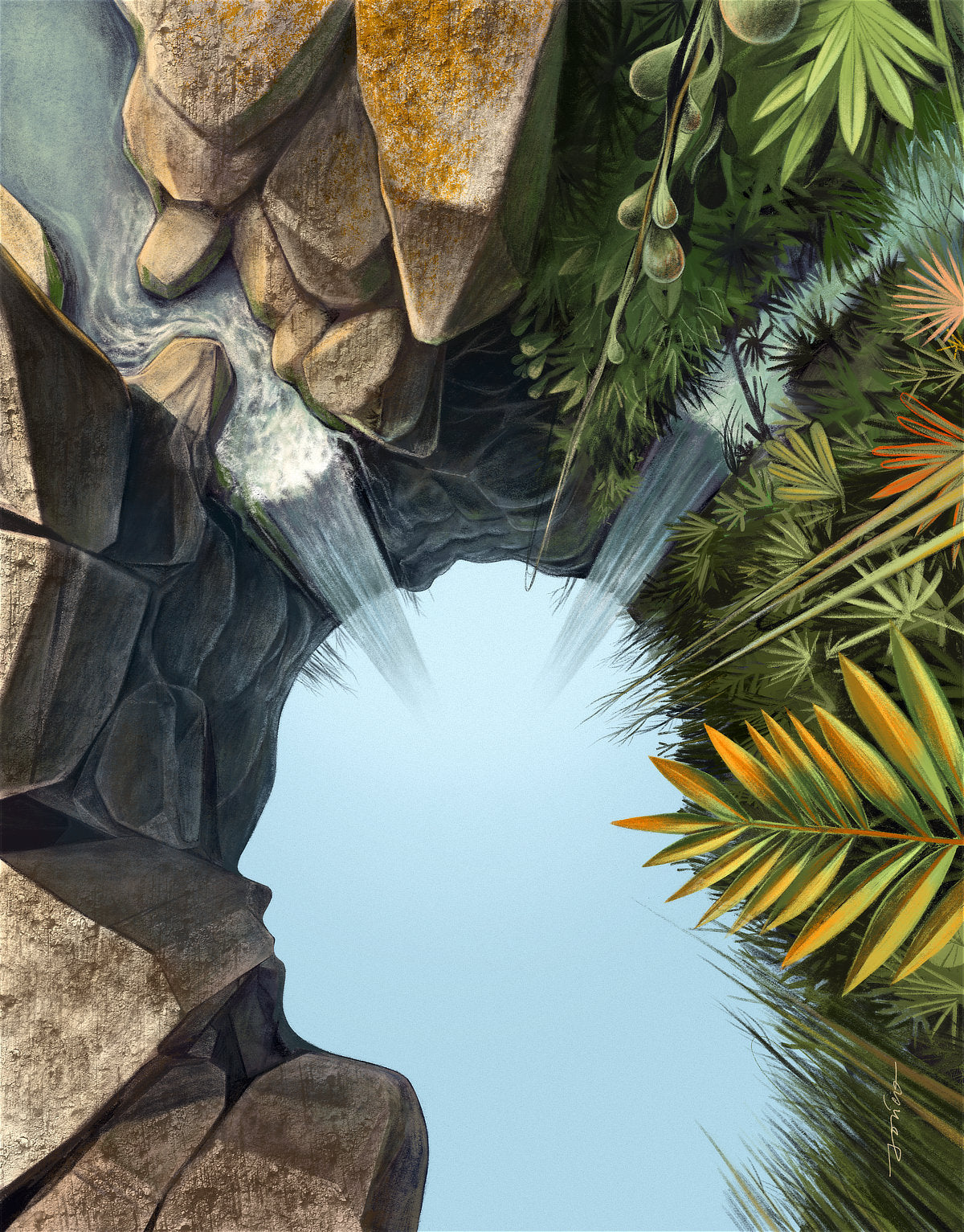 Dwa źródła spotykają się w jednym miejscu, tworząc nową przestrzeń w kształcie ludzkiej głowy