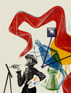 artysta - ostatni człowiek pośród robotów, maluje obraz pędzlem, roboty przyglądają mu się w skupieniu.