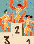 troje sportowców stoi na podium. numery na koszulkach i na podium są pomieszane - każde z nich zwyciężyło